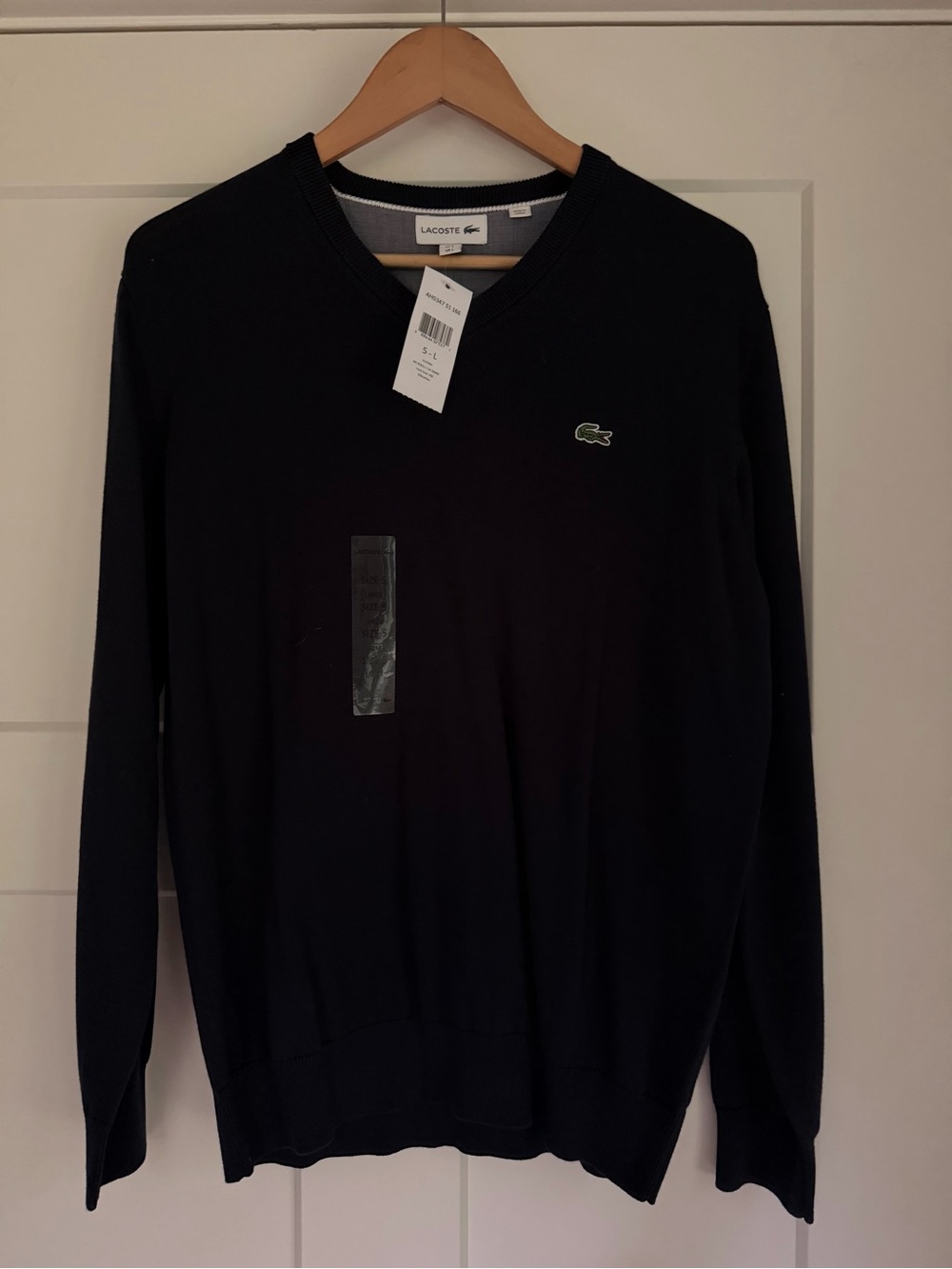 Lacoste Men's Navy Blue V-Neck Sweater with Green Crocodile Logo